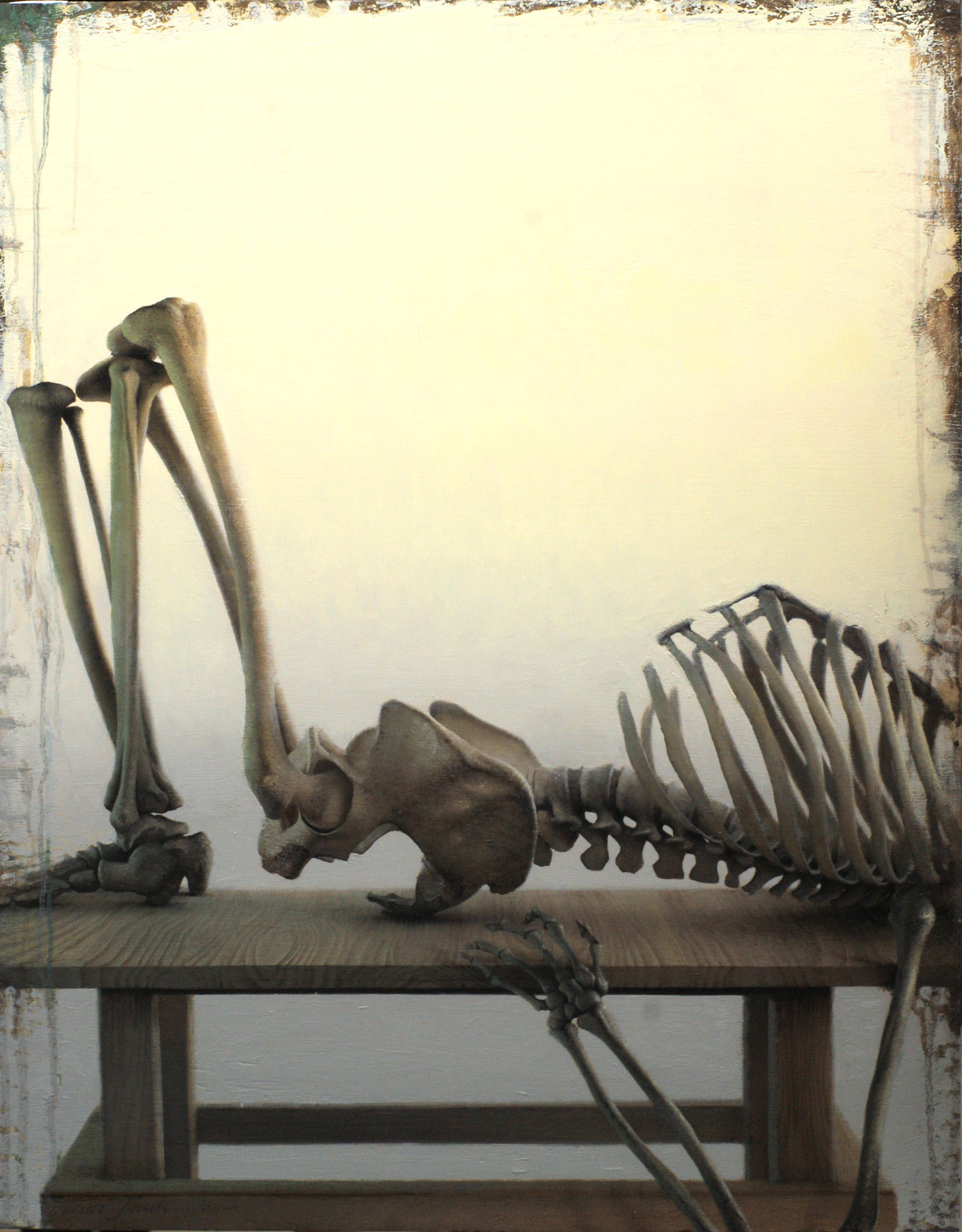 Daniel Sprick, “Skeleton on Table,” oil on panel, 30 x 24 in.