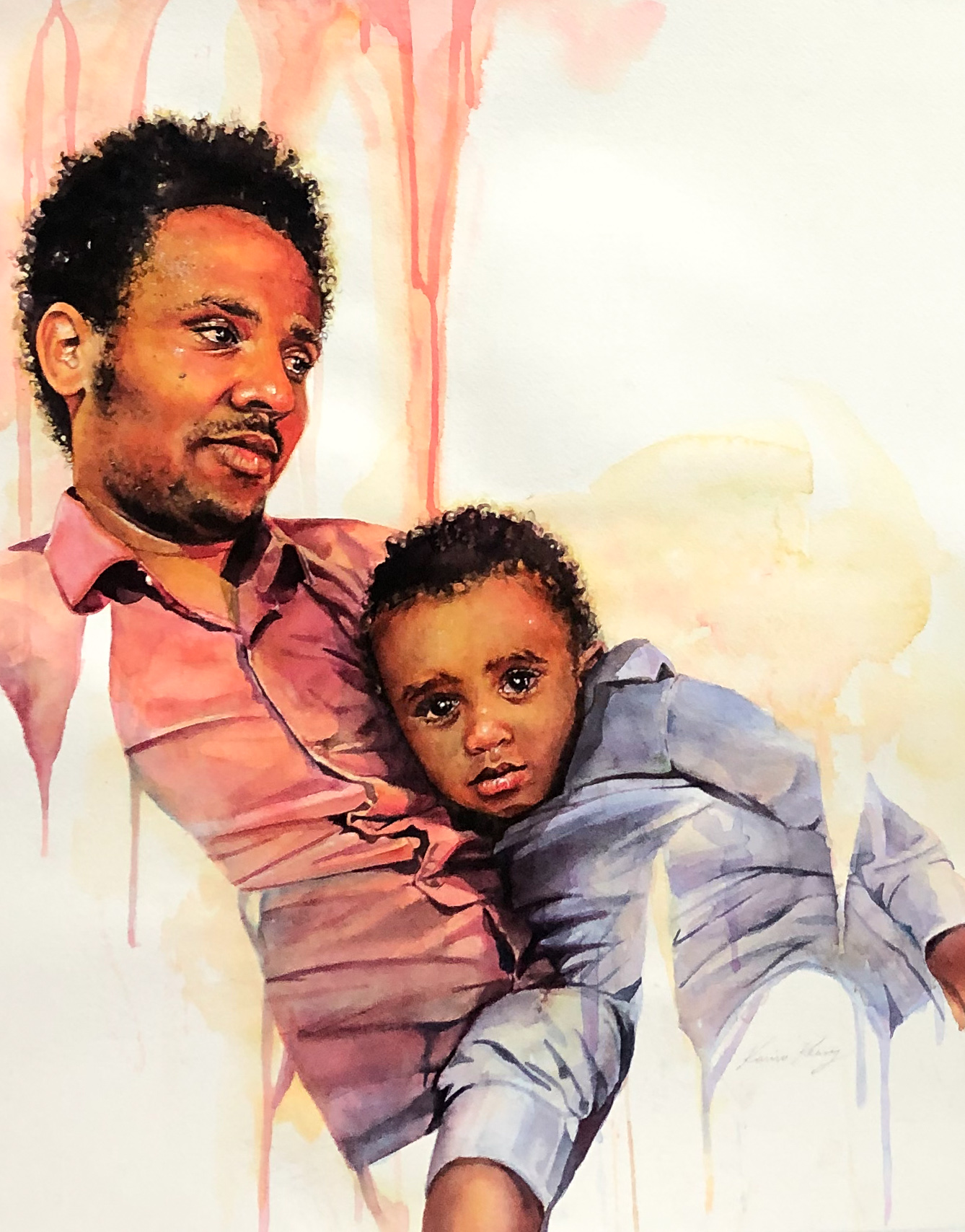Watercolor realism painting portraits - man with boy