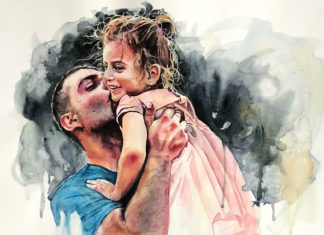 Painting portraits - watercolor portrait of a man holding a child