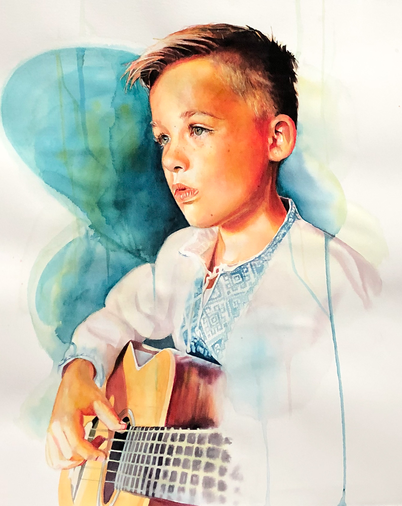 Watercolor painting of a boy playing guitar