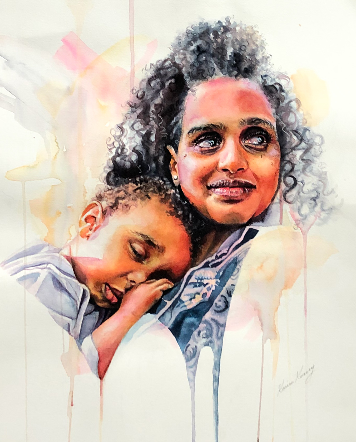 Watercolor realism painting portraits - woman with boy