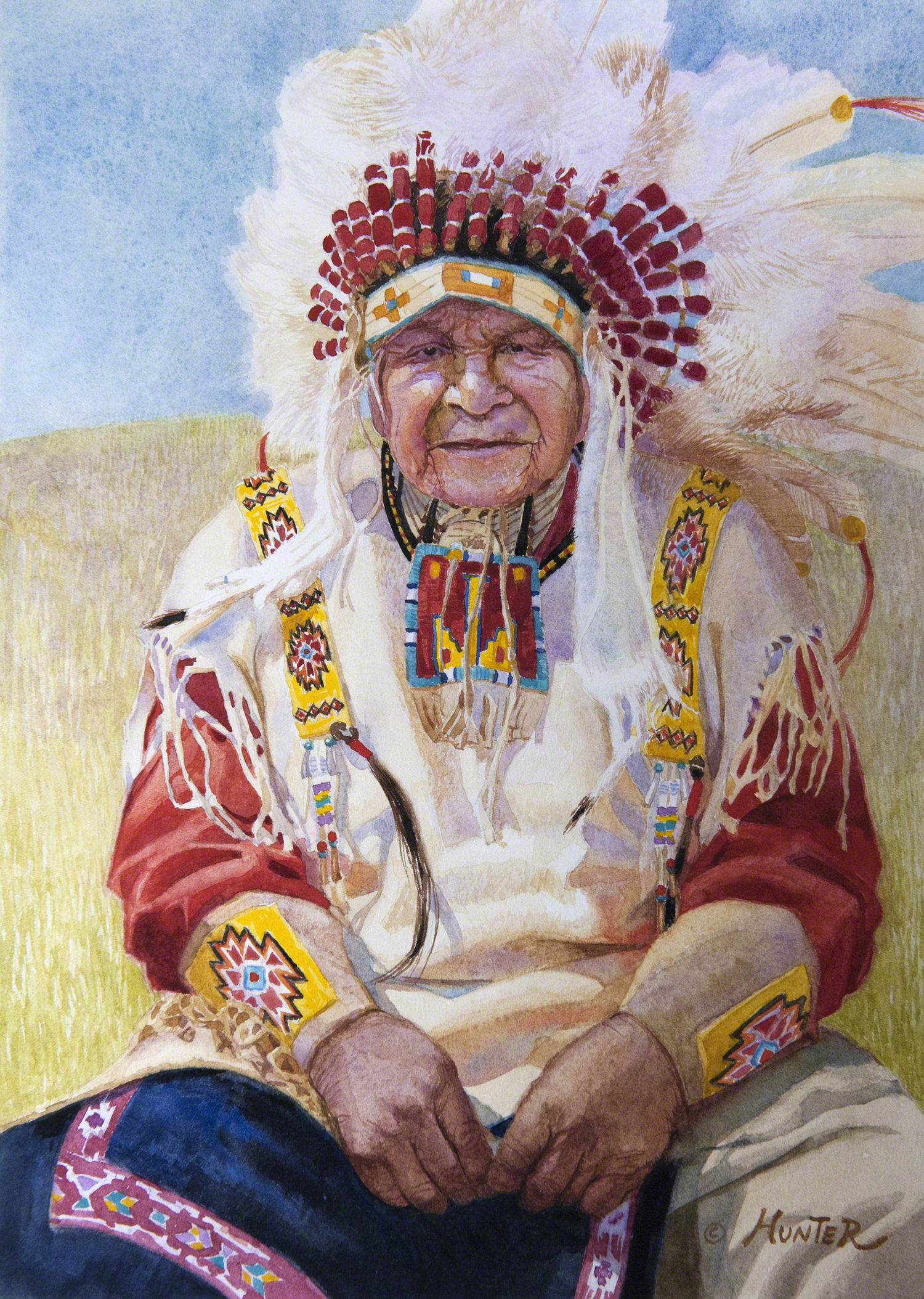 Watercolor portrait painting of a Native American
