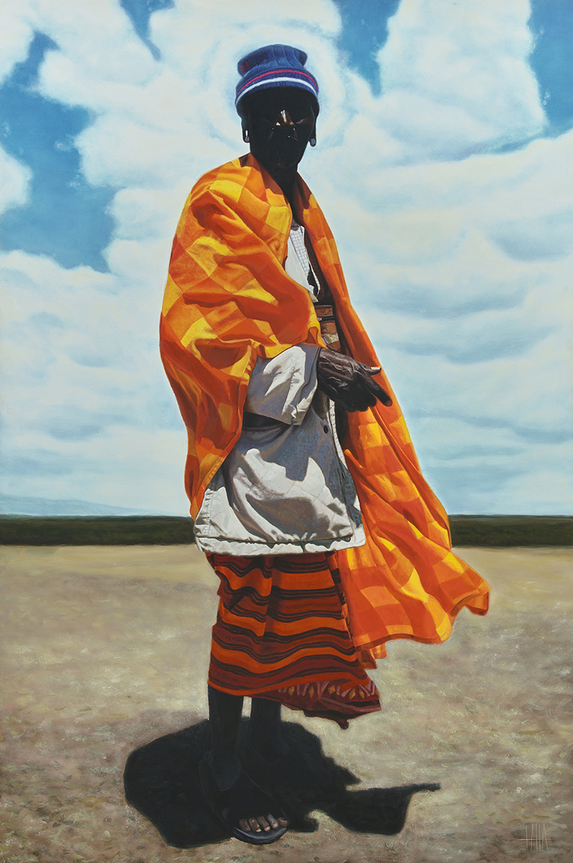 Oil painting of a person wearing colorful fabric