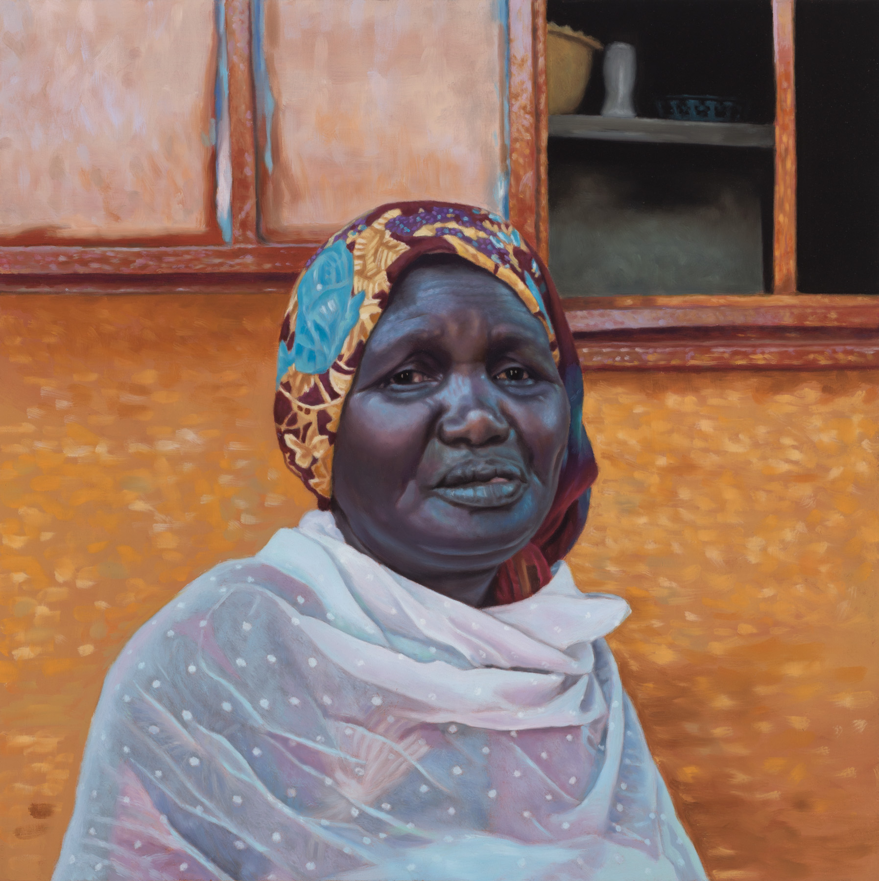Oil painting of a person wearing head scarf