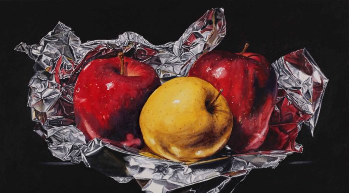 Contemporary realism still life painting of apples