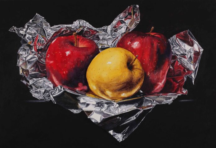 Contemporary realism still life painting of apples