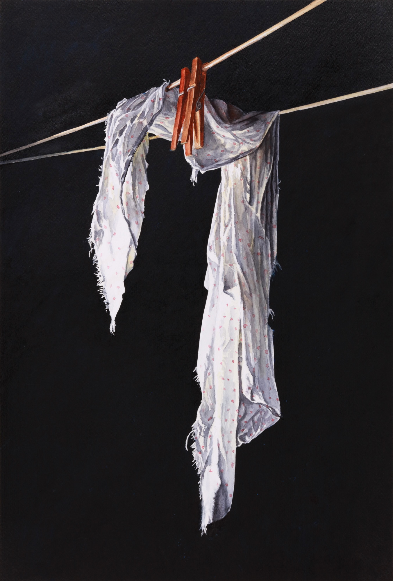 Realism watercolor painting of fabric hanging from a line
