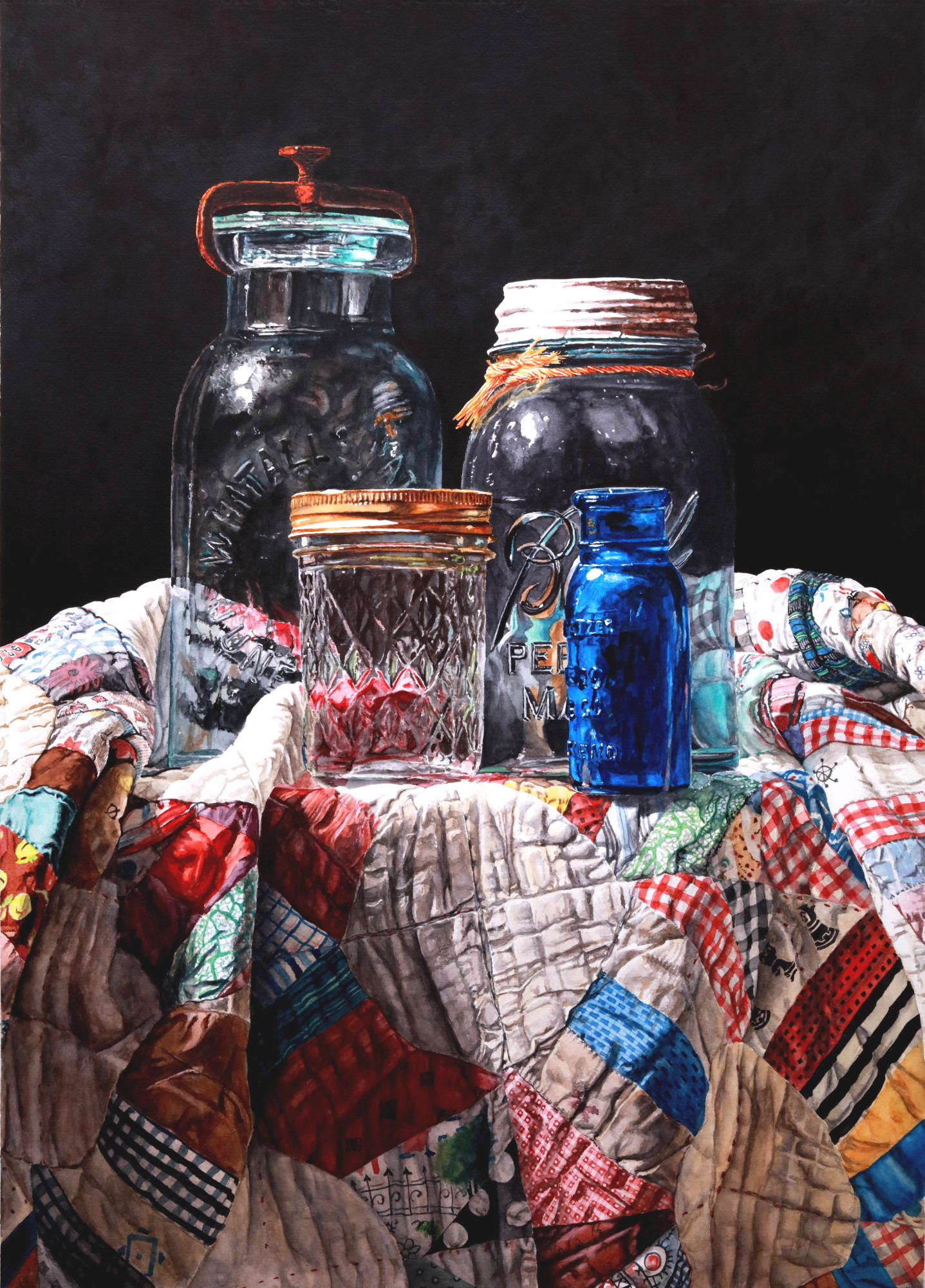 Contemporary realism still life watercolor painting of jars