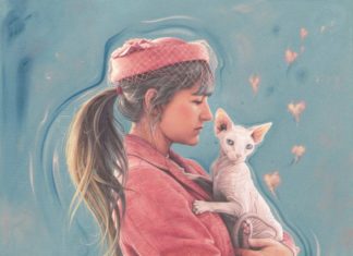 Portrait painting of a young woman with cat