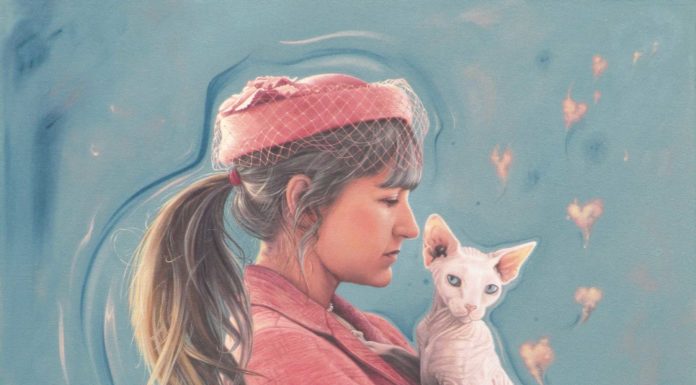 Portrait painting of a young woman with cat