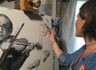 Patricia Watwood working on a posthumous portrait of Jack Benny