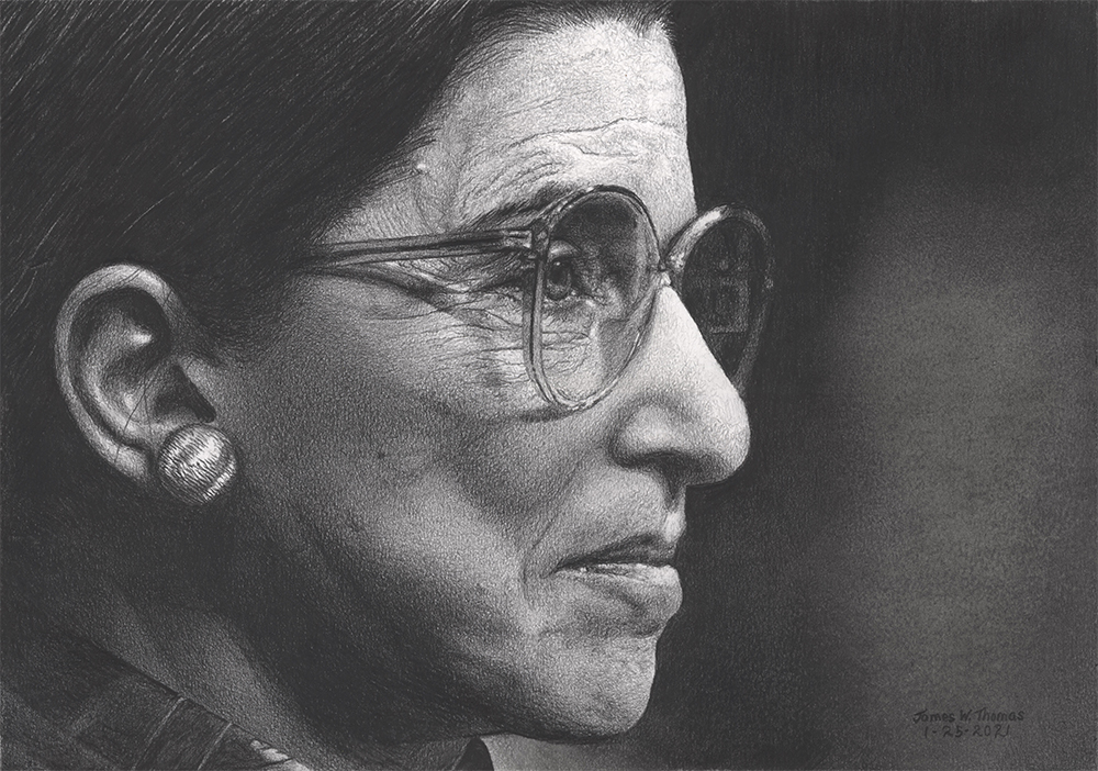 Portrait drawing of "Ruth Bader Ginsberg" by James Thomas