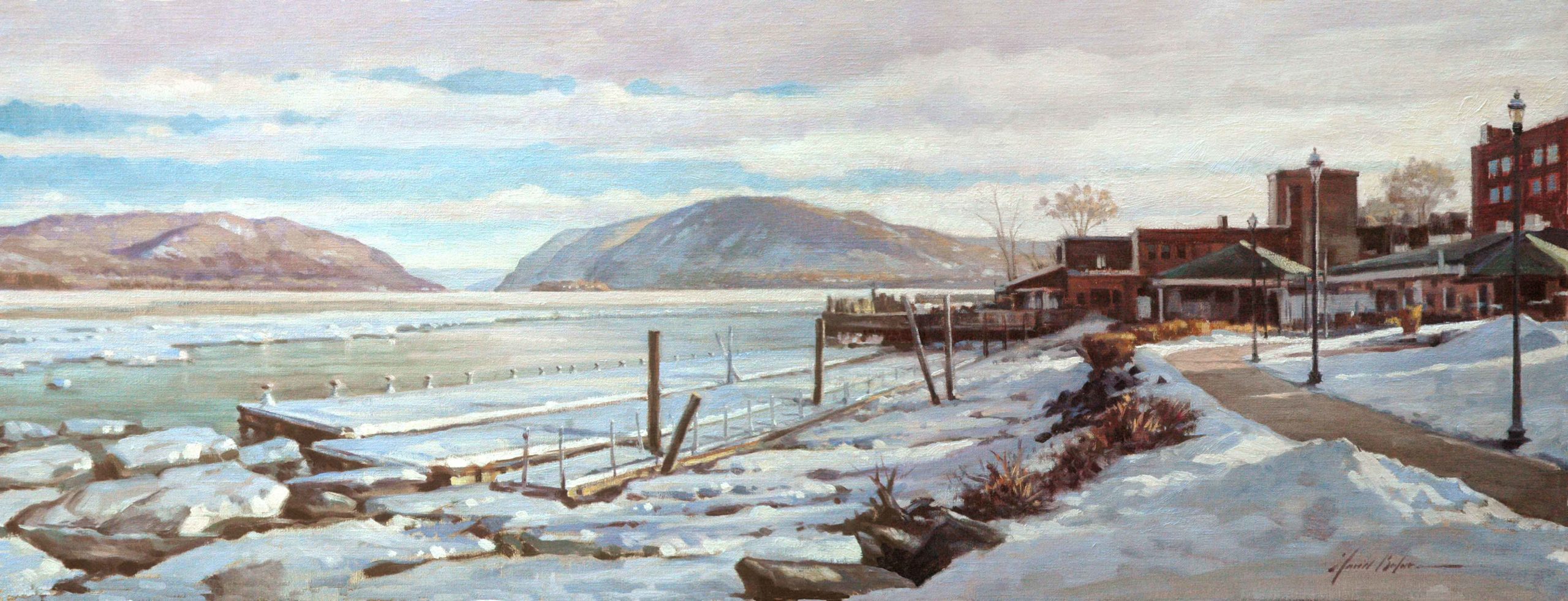 Oil painting of the Hudson River in winter