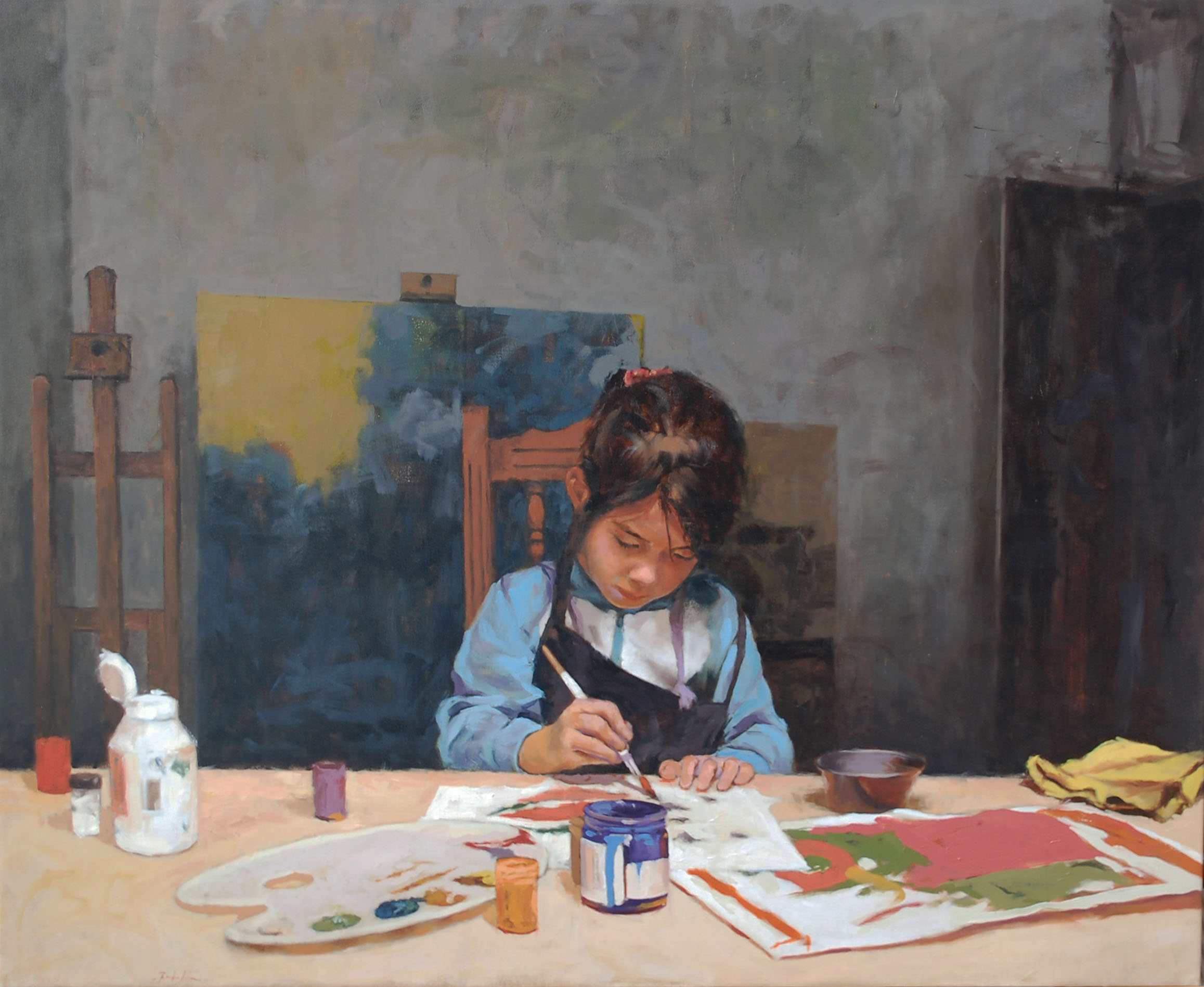 Contemporary Realism Painting of a girl making art