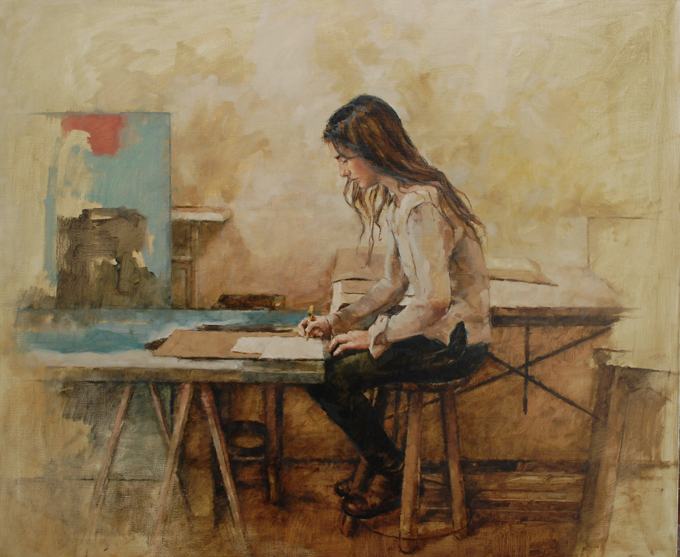 Painting of a woman at a desk