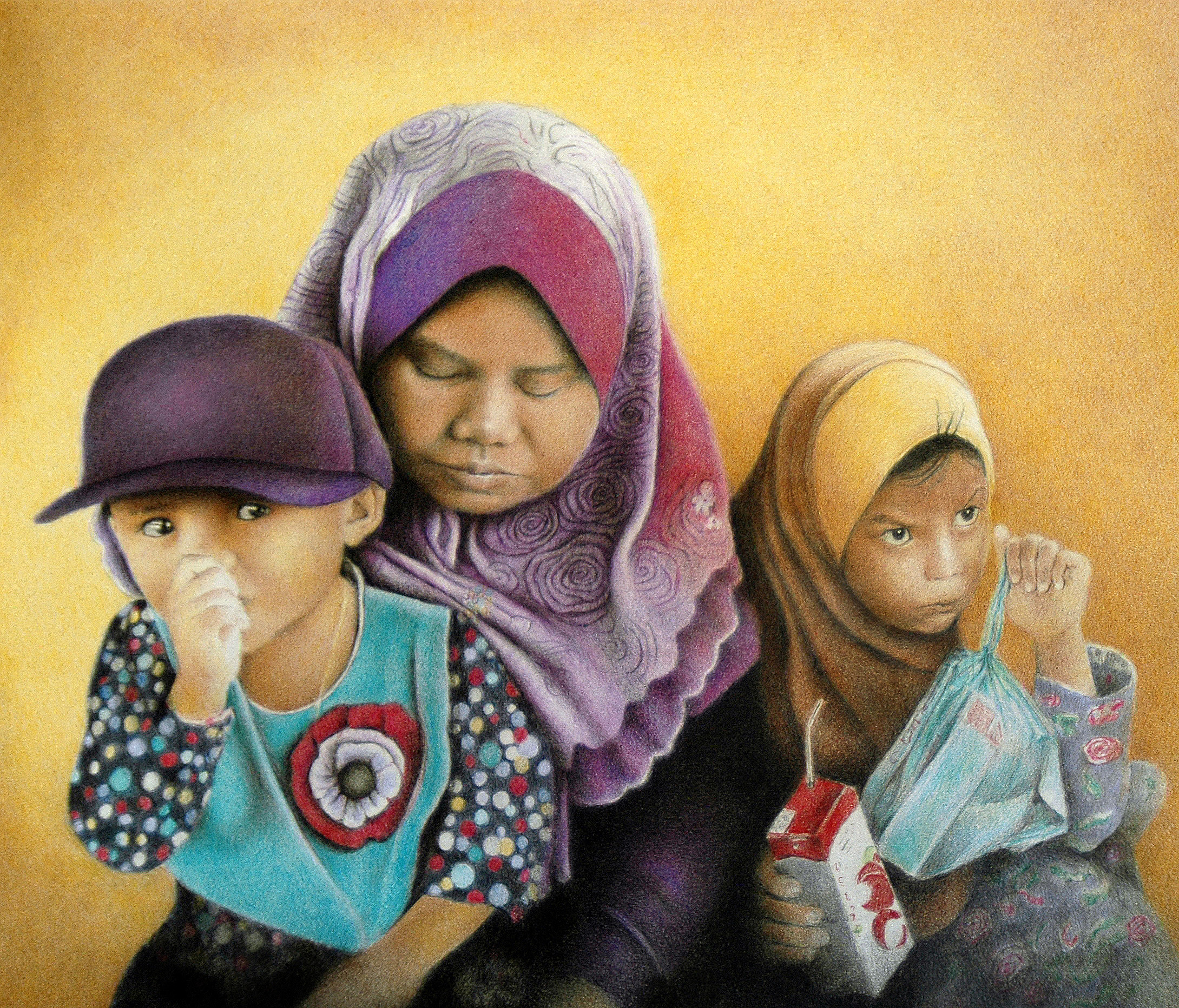 Colored Pencil drawing of mother with children