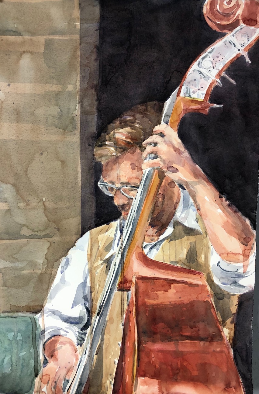 Birgit O'Connor, "Bass Player," watercolor, 22 x 15 in.