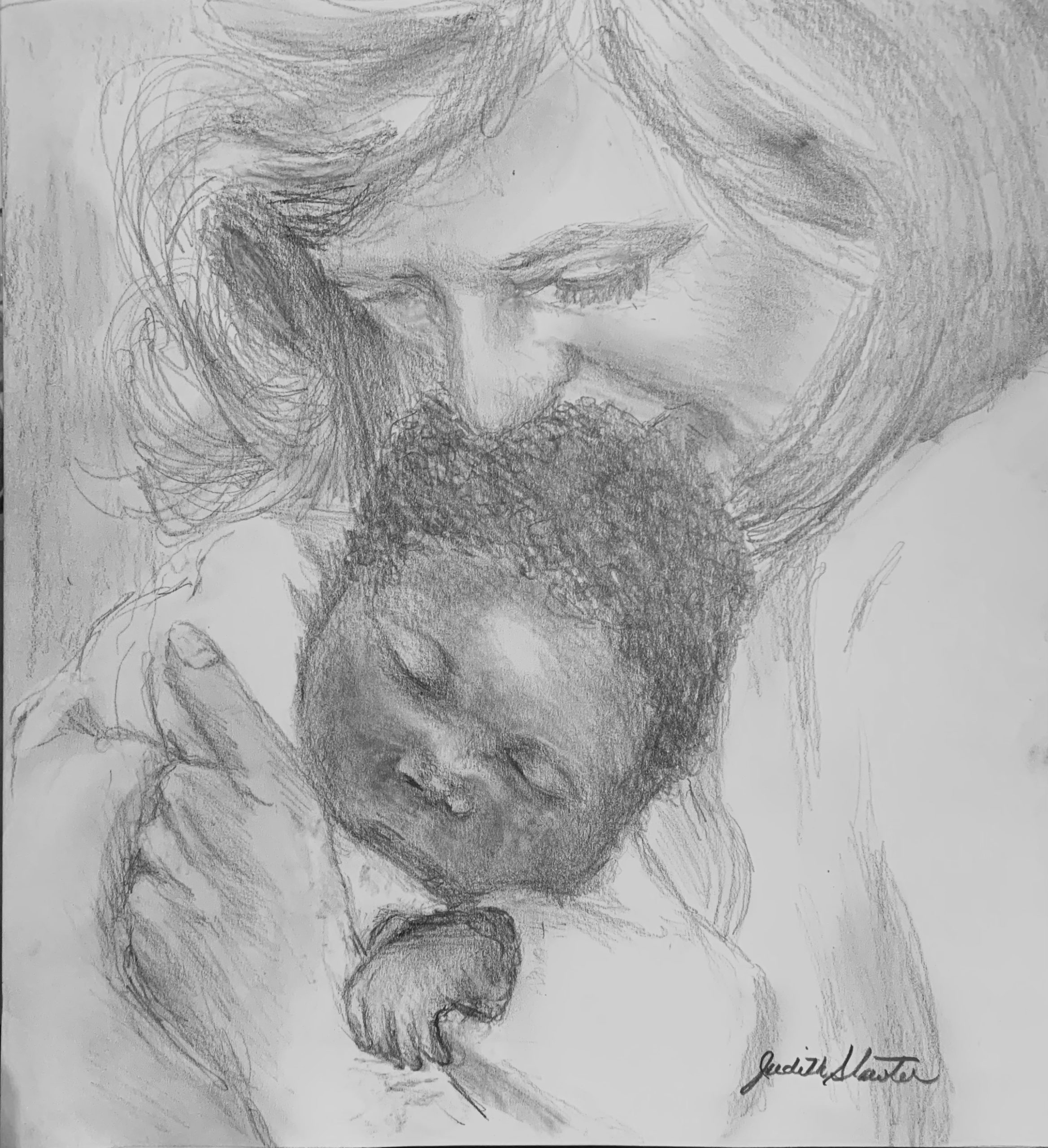 Pencil drawing of mother with child