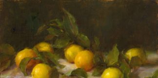 An oil still life painting by Stephanie Birdsall, featured in her art video workshop, "Lemons and Leaves"