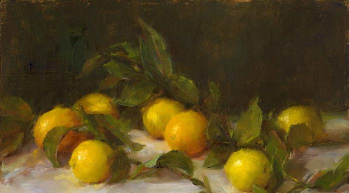 An oil still life painting by Stephanie Birdsall, featured in her art video workshop, "Lemons and Leaves"