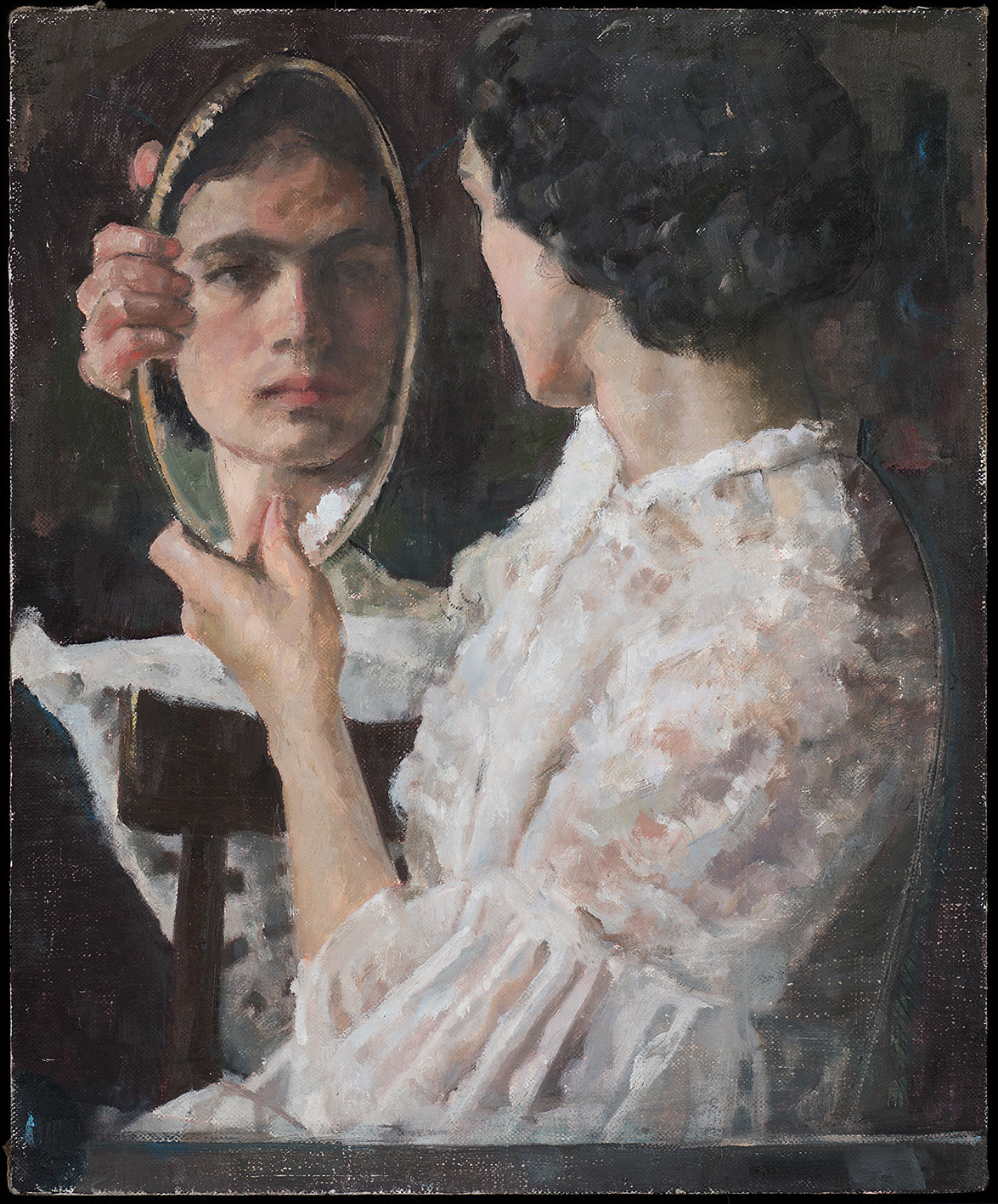 Roni Taharlev, “Holding a Mirror,” 2020, Oil on linen mounted on panel, 50 × 60 cm