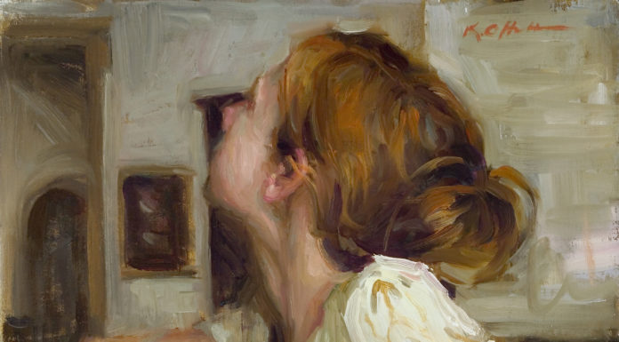 Contemporary Realism - Karen Offutt, "Taking It All In," 10 x 10 inches, Oil on canvas