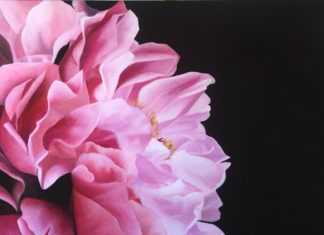 Realism art - "Floreciendo," tempera and oil, 100 x 100 cm