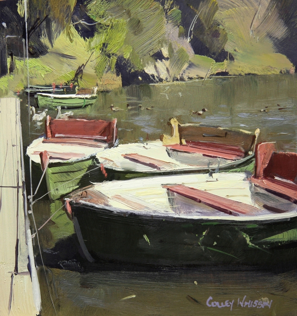 Colley Whisson, "Rowboats at Studley Park," 7 x 7 inches, Oil on panel
