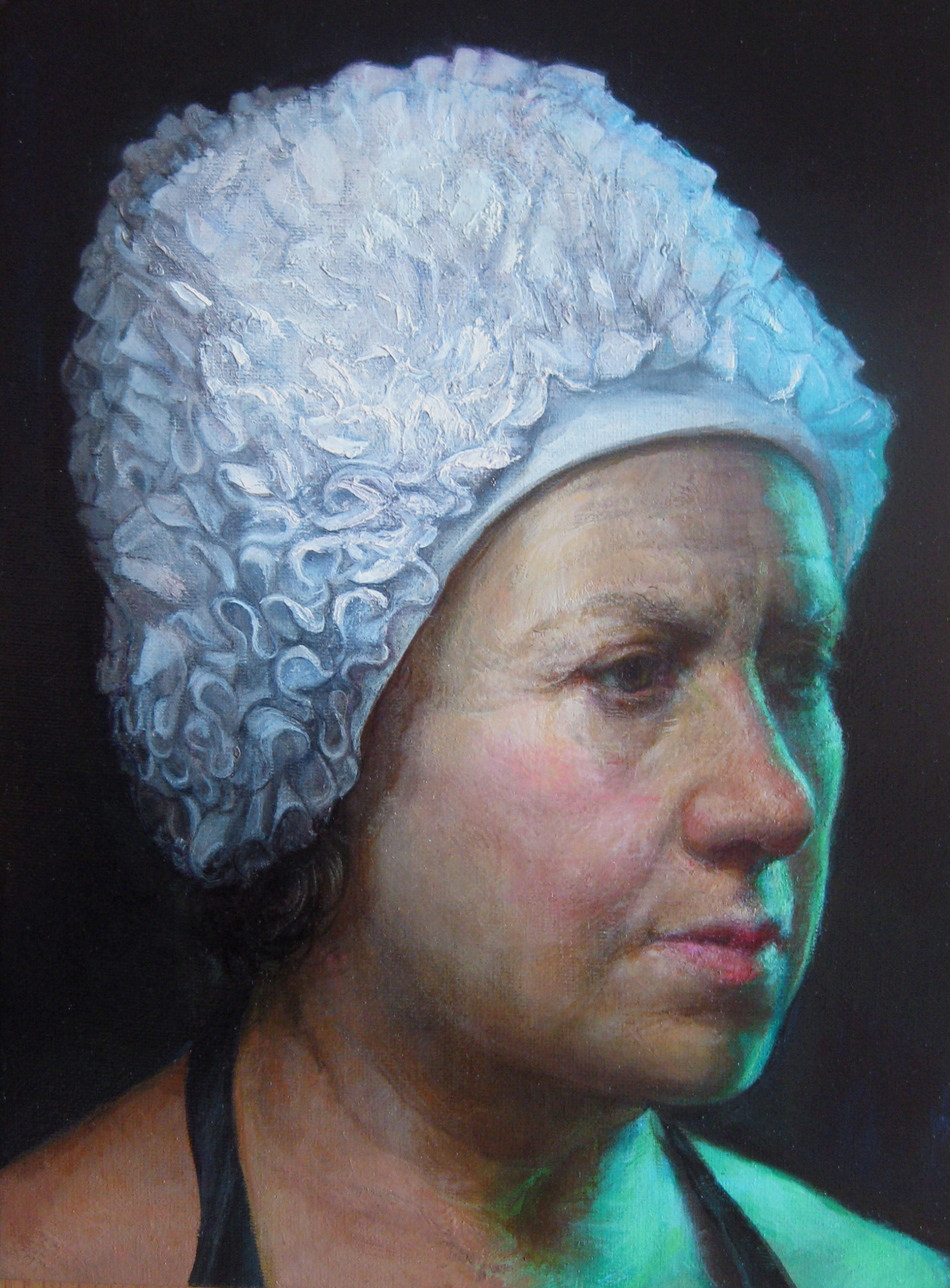 Contemporary realism portrait - Gabriela Gonzalez Dellosso, "Ruffled Swim Cap," oil, 12 x 9 in.