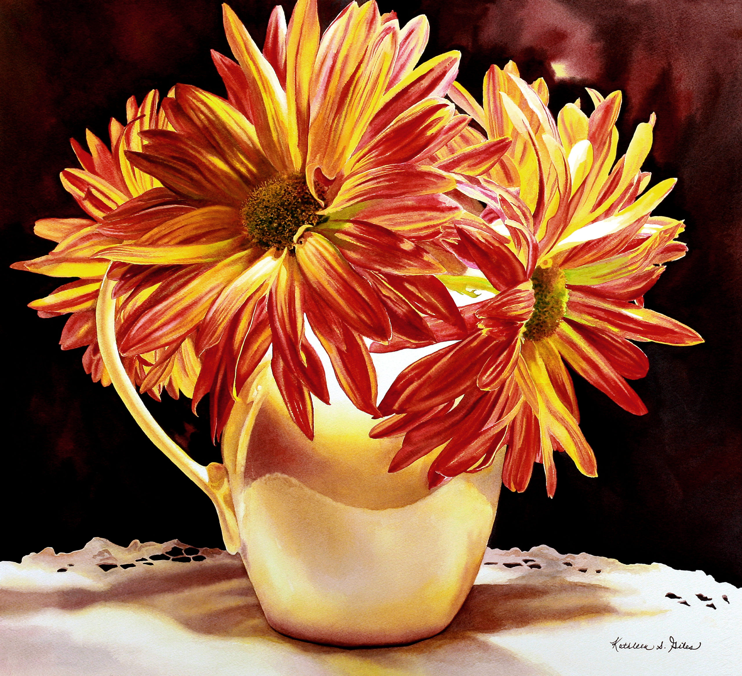 Kathleen Giles, "Vase of Dahlias," watercolor