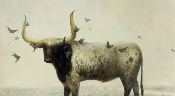 Contemporary realism wildlife art - Martin Wittfooth, "Occupy," 73 x 100 inches, oil on linen, 2012