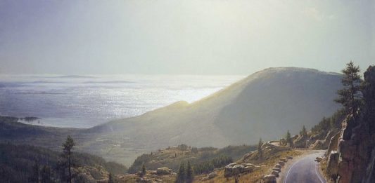 Realism landscapes - Joseph McGurl, "Lifting Fog, Cadillac Mountain," 36 x 60 inches, Oil on canvas