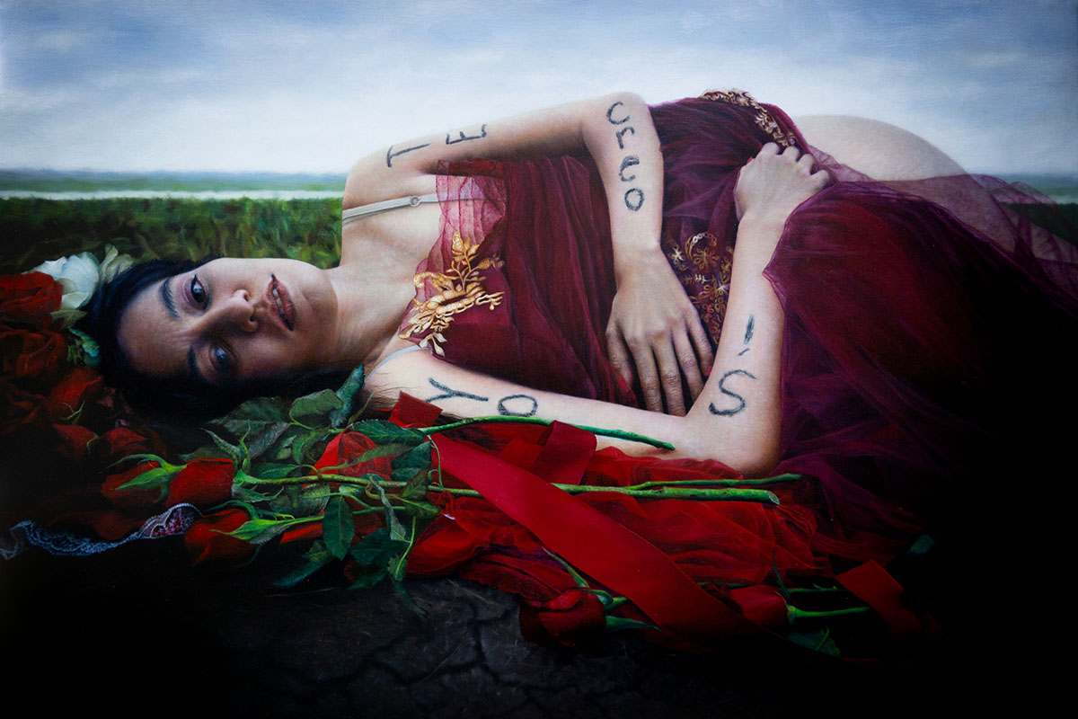 oil painting of woman laying down wearing red dress, surrounded by roses 