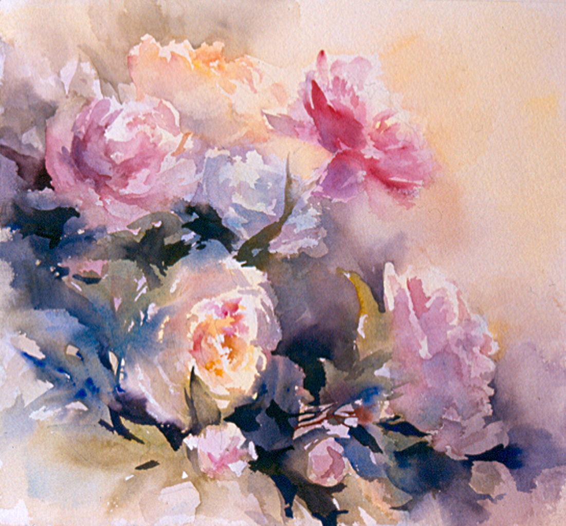 "Peonies" (15.5 x 14 in., watercolor) by Susan Blackwood; reference painting for my upcoming teaching video on making MAPs for artists
