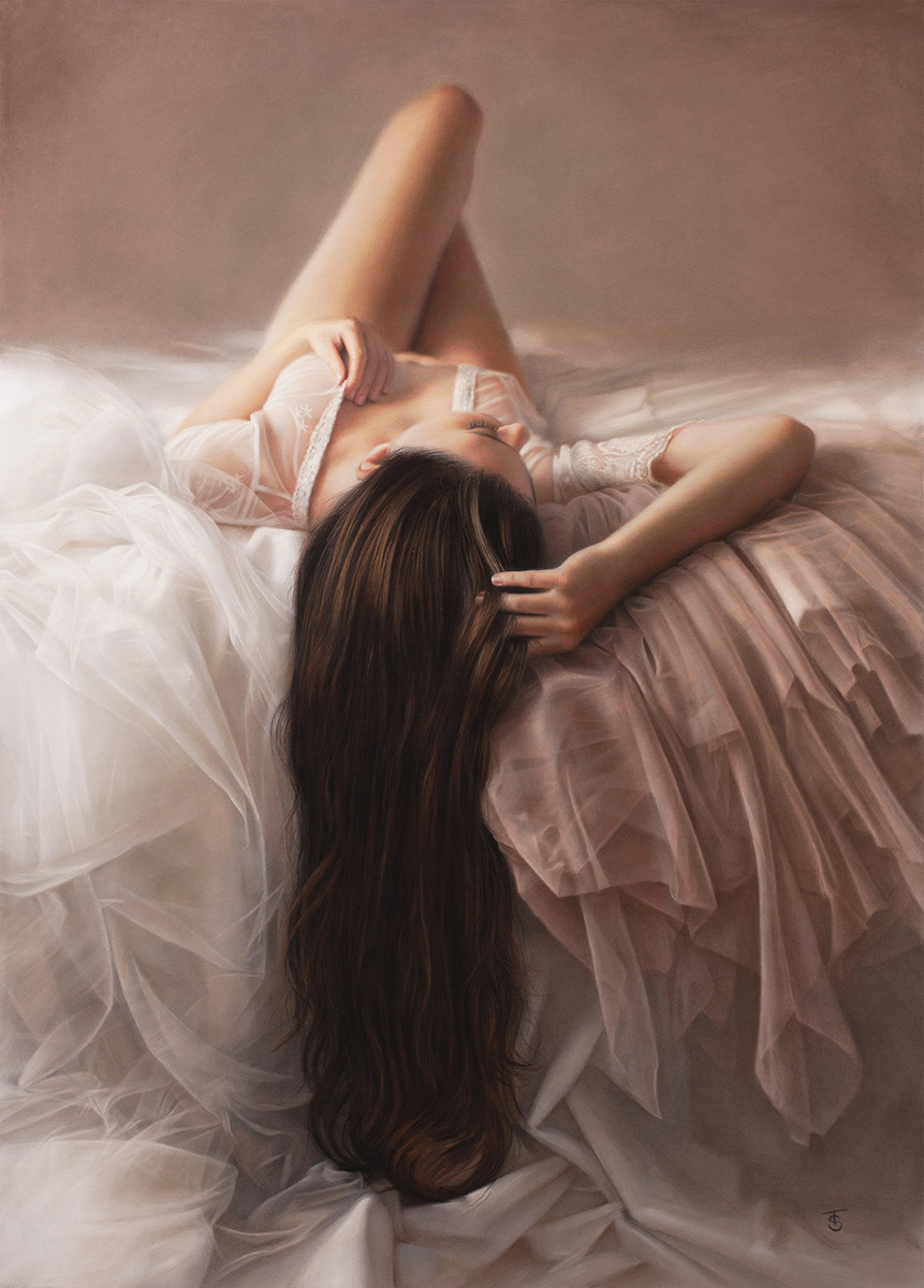 pastel painting of woman dropped over bed