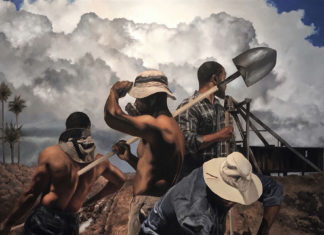 oil narrative painting of men working