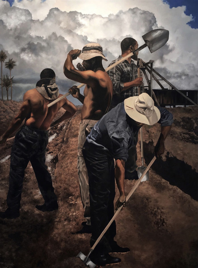oil narrative painting of men working