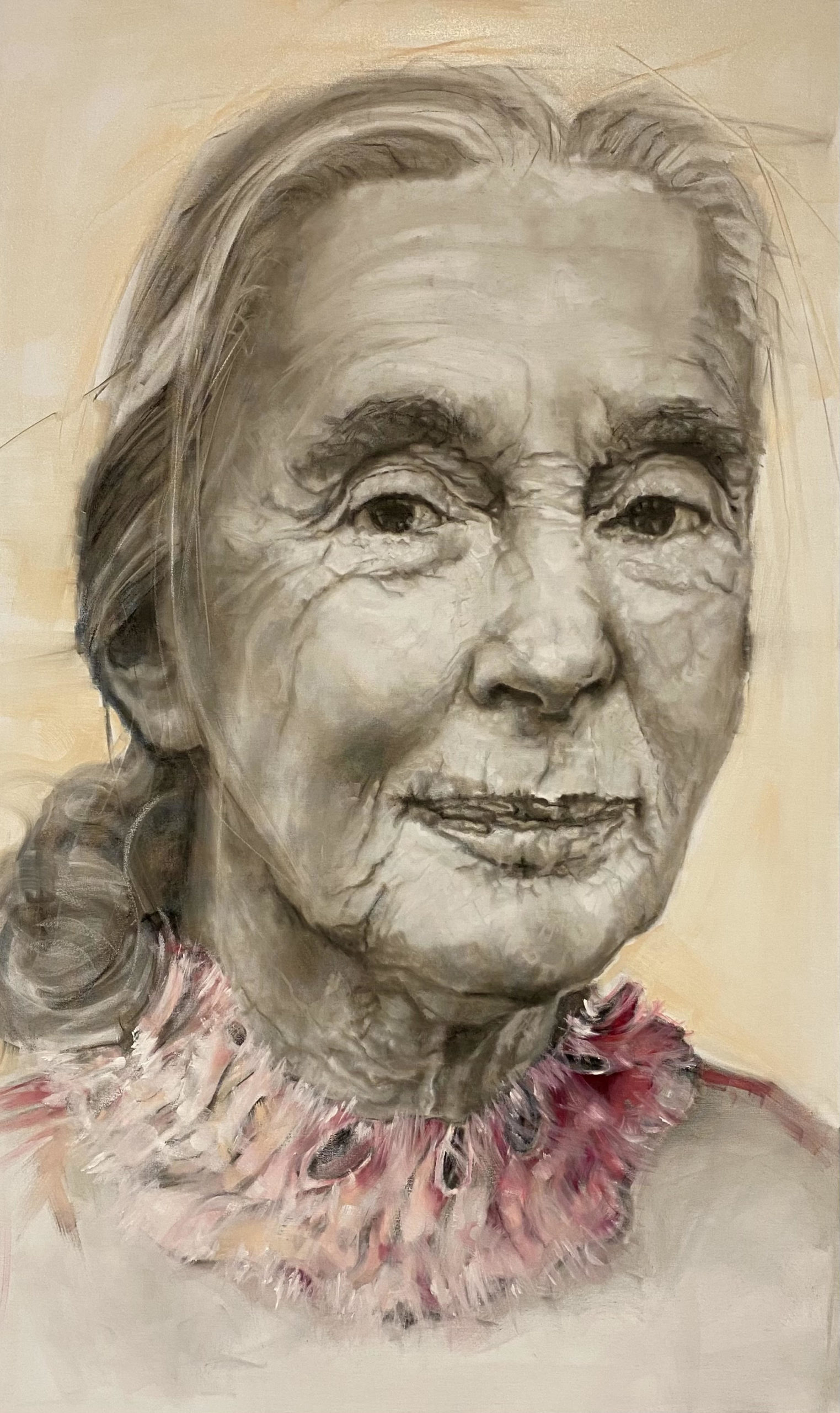 Shana Wilson, "Jane Goodall," charcoal and oil on canvas, 60 x 42 in.