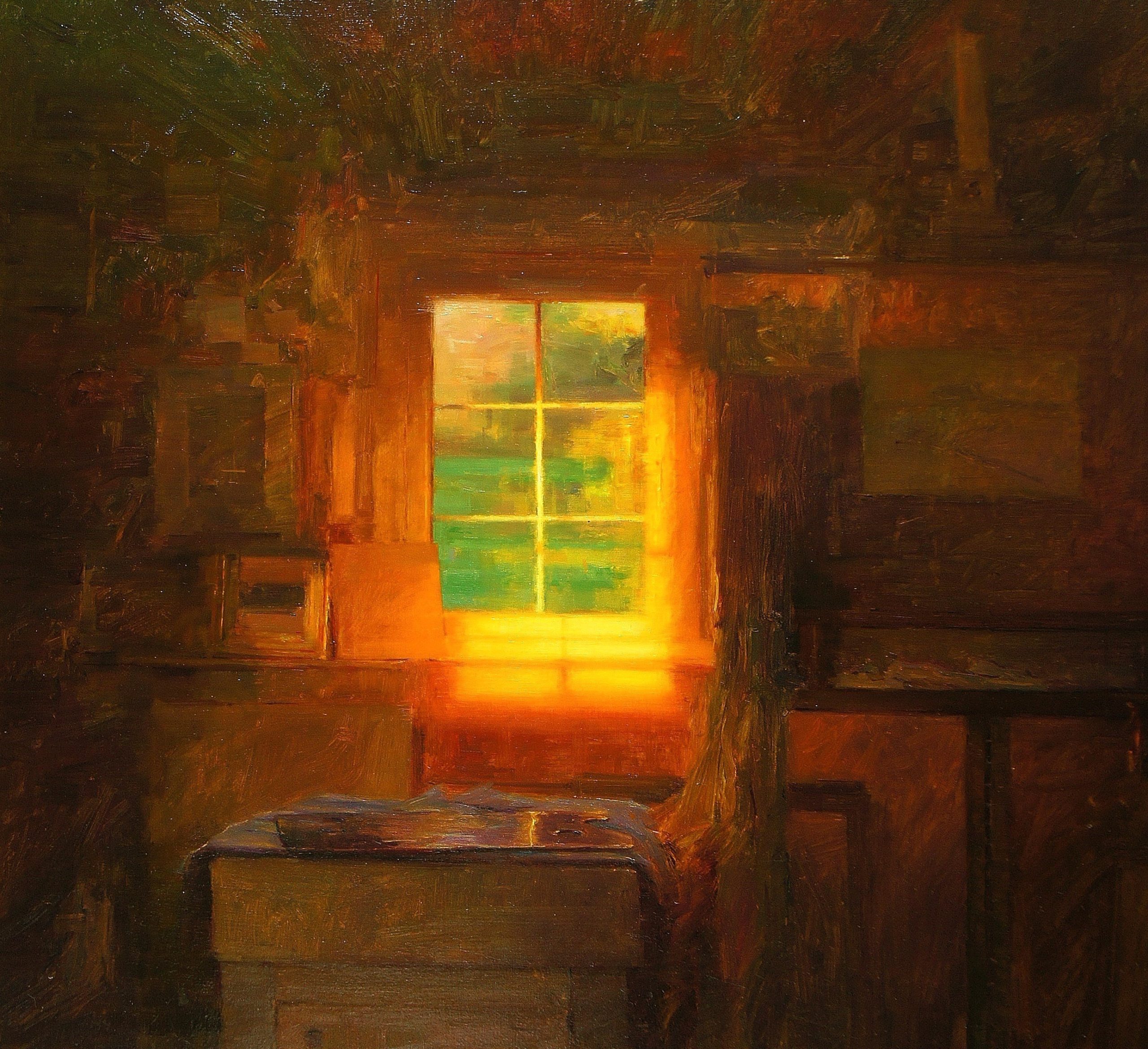 Oil painting - Kenny McKendry, "Studio Window, Morning," oil on board, 26 x 18 in.