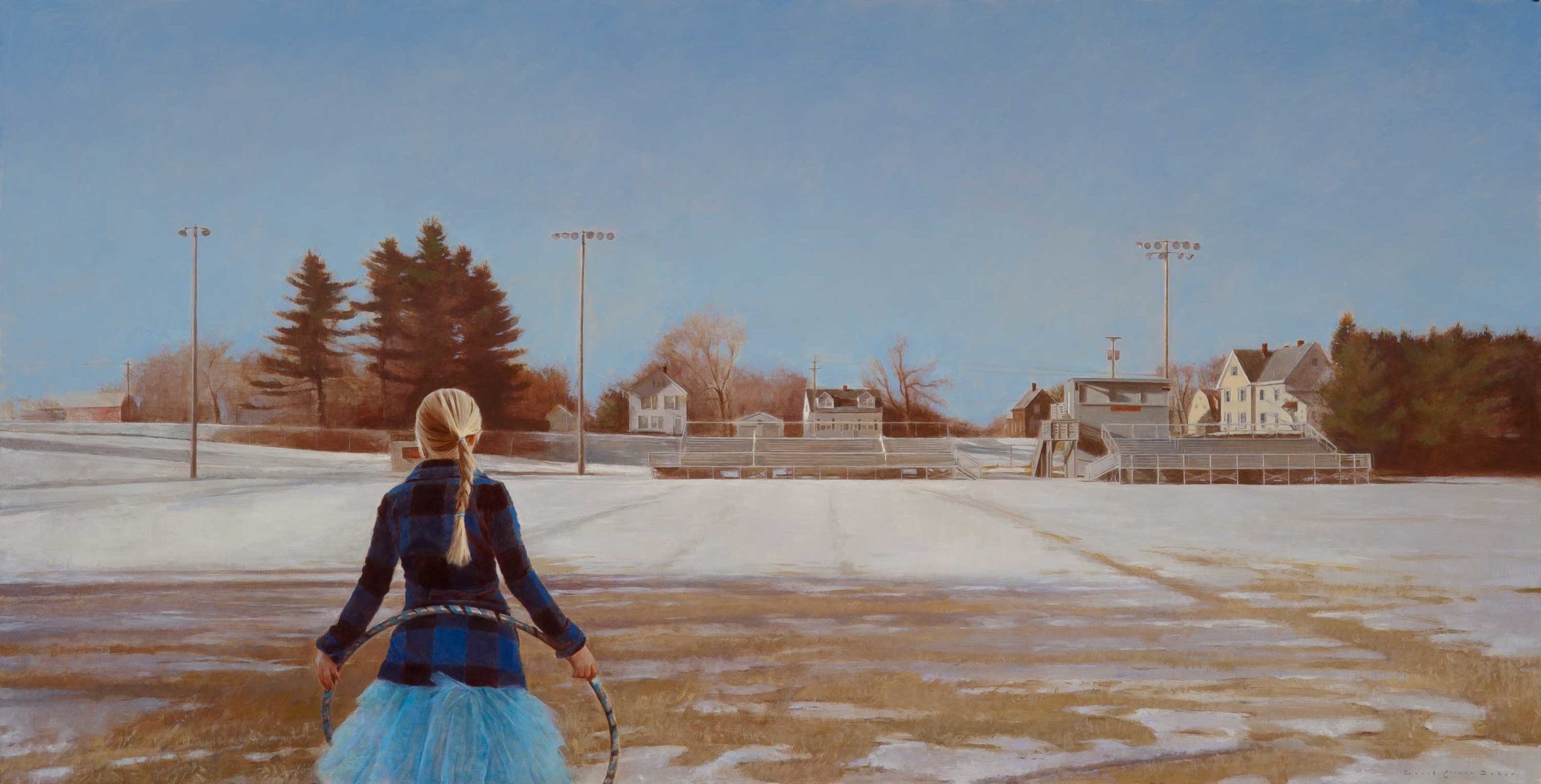 Narrative realist painting - David Baker, "Homefield," 24 x 47 inches, Oil on linen mounted on panel