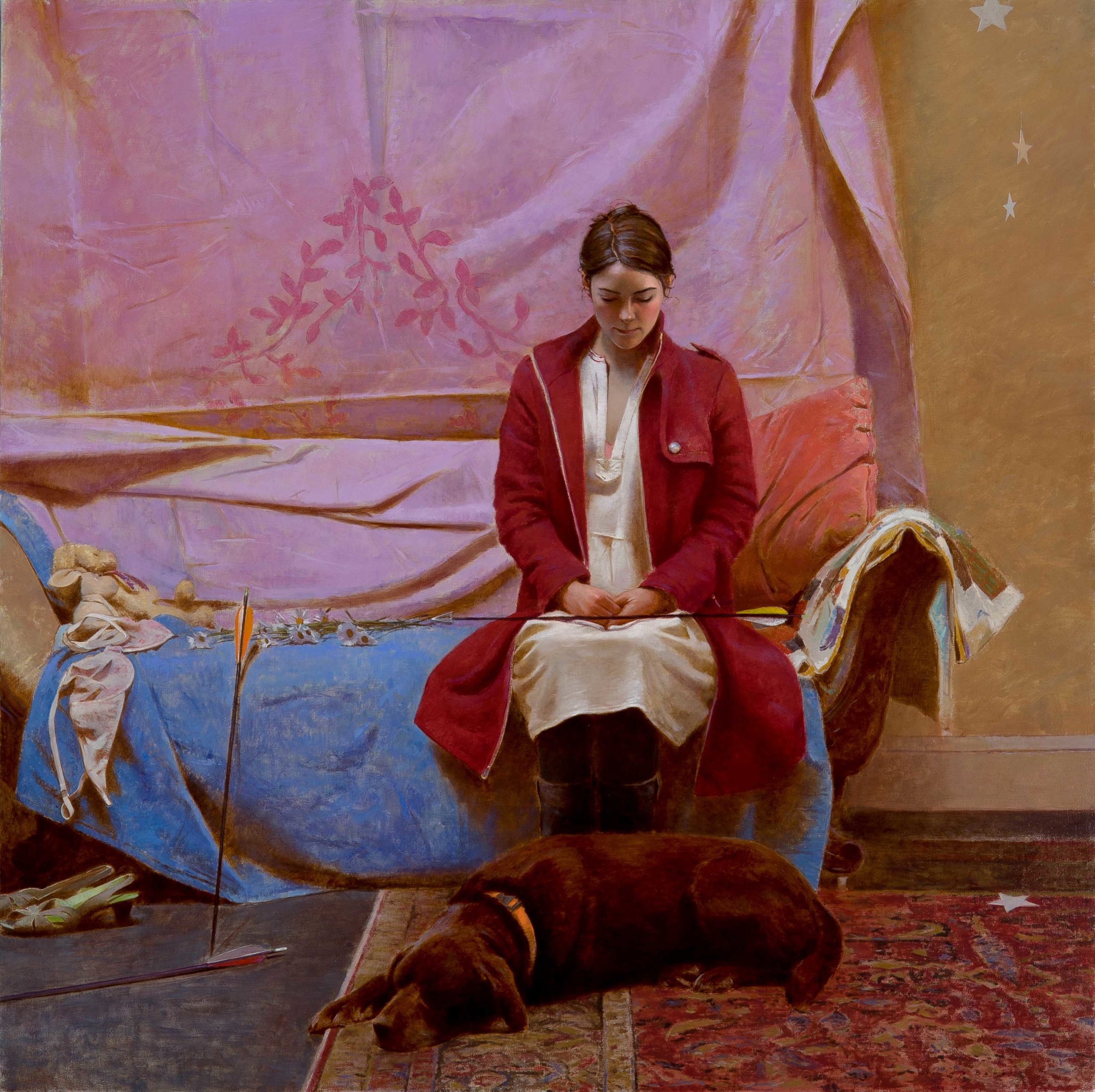 Narrative art realist painting - David Baker, "Hunters and Rabbits," 36 x 36 inches, Oil on linen