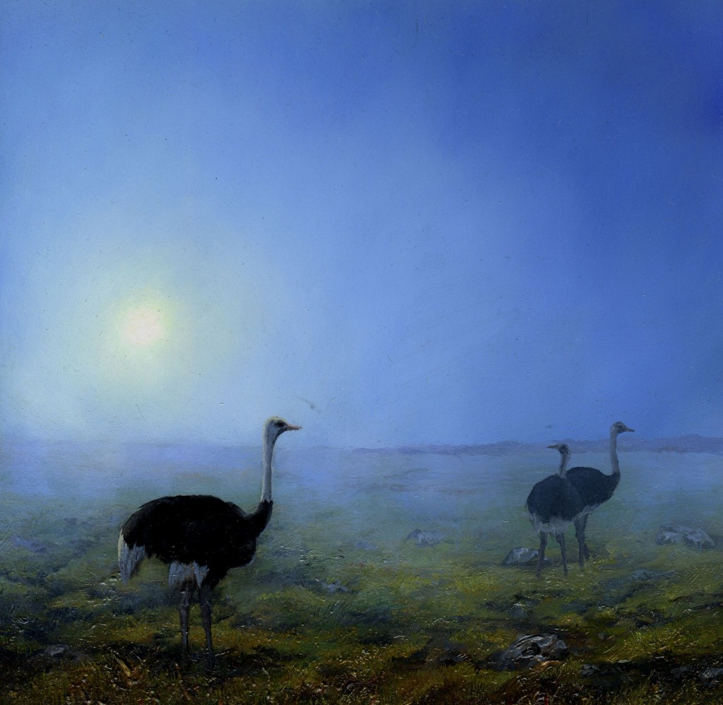 Painting by Dina Brodsky - ostriches in fog