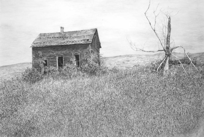graphite drawing of an old house