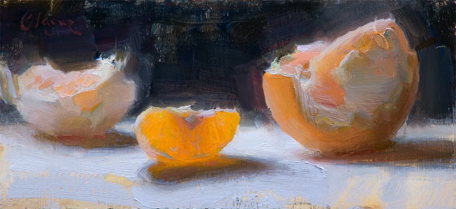 Still life painting of an orange - Adam Clague, "Glowrange," 4 x 9 in., oil