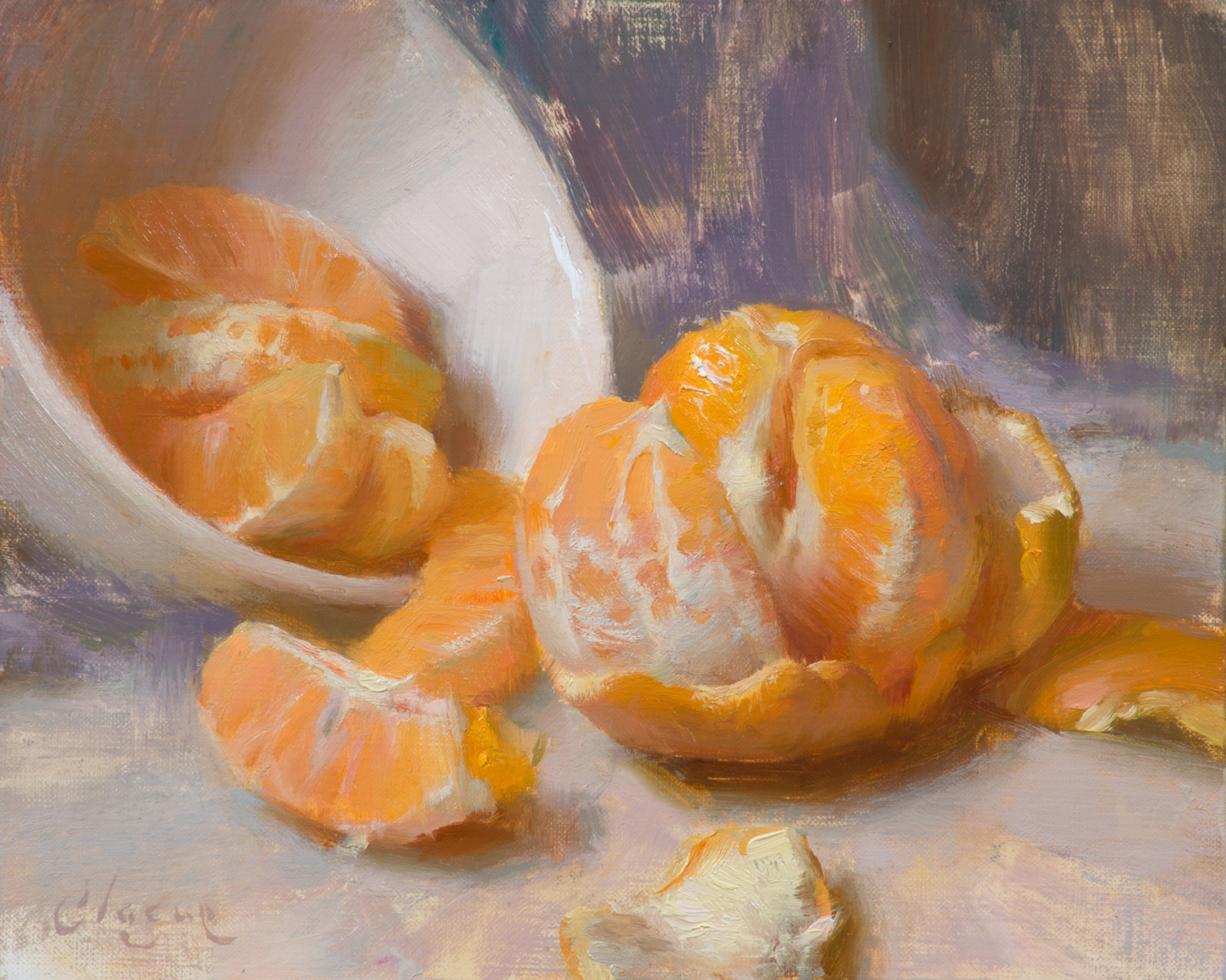 still life painting of an orange - Adam Clague, "Halves and Segments," 8 x 10 in., oil