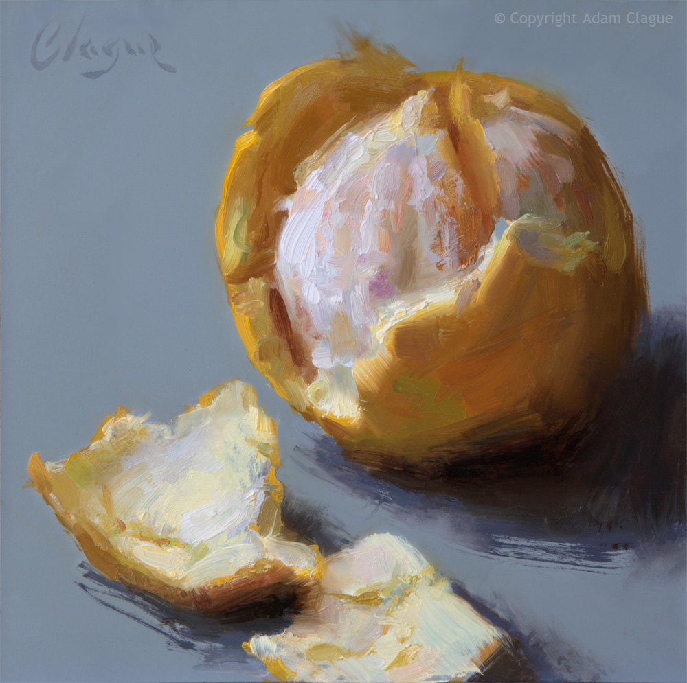 Still life painting of a peeled orange