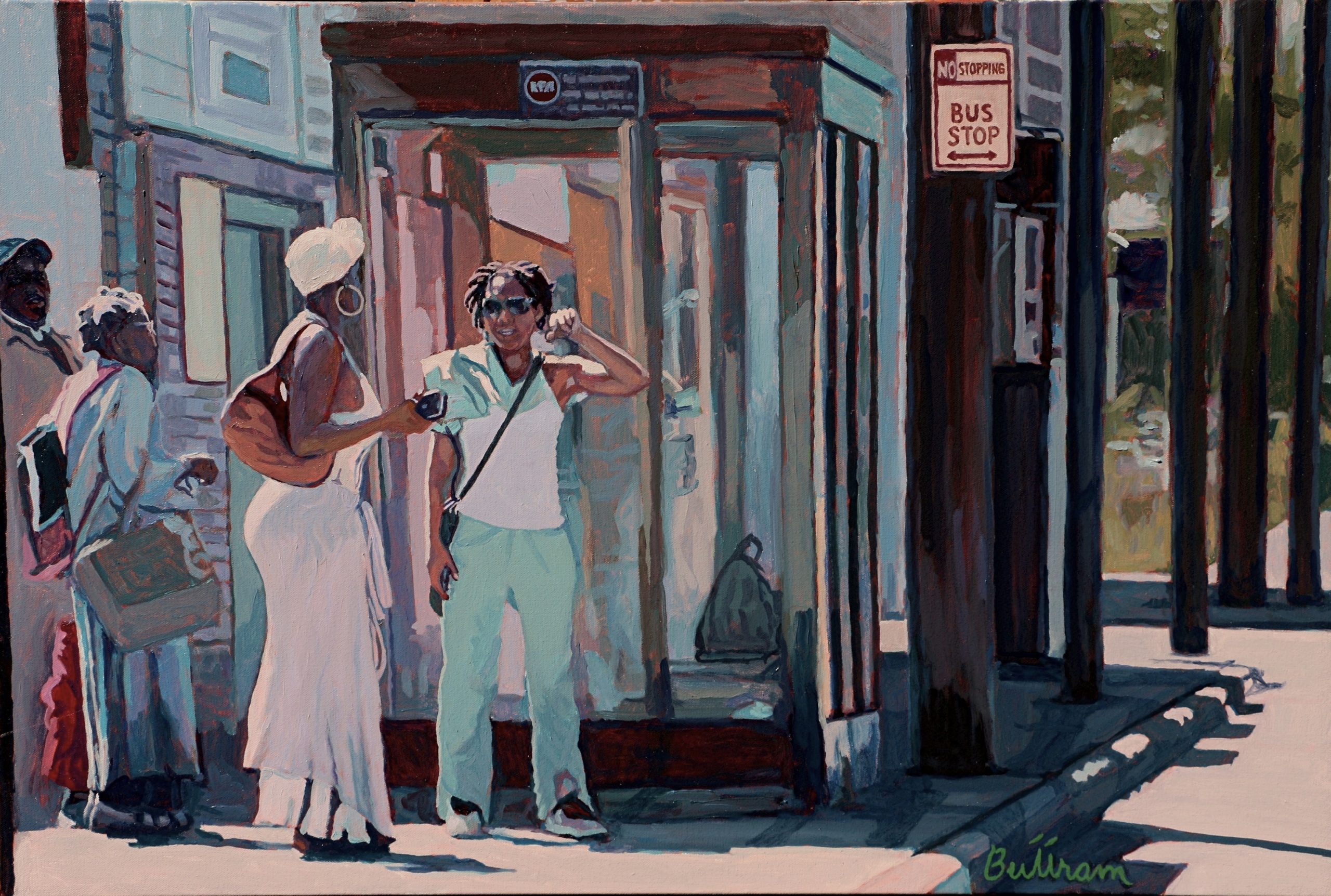 painting of women at a bus stop