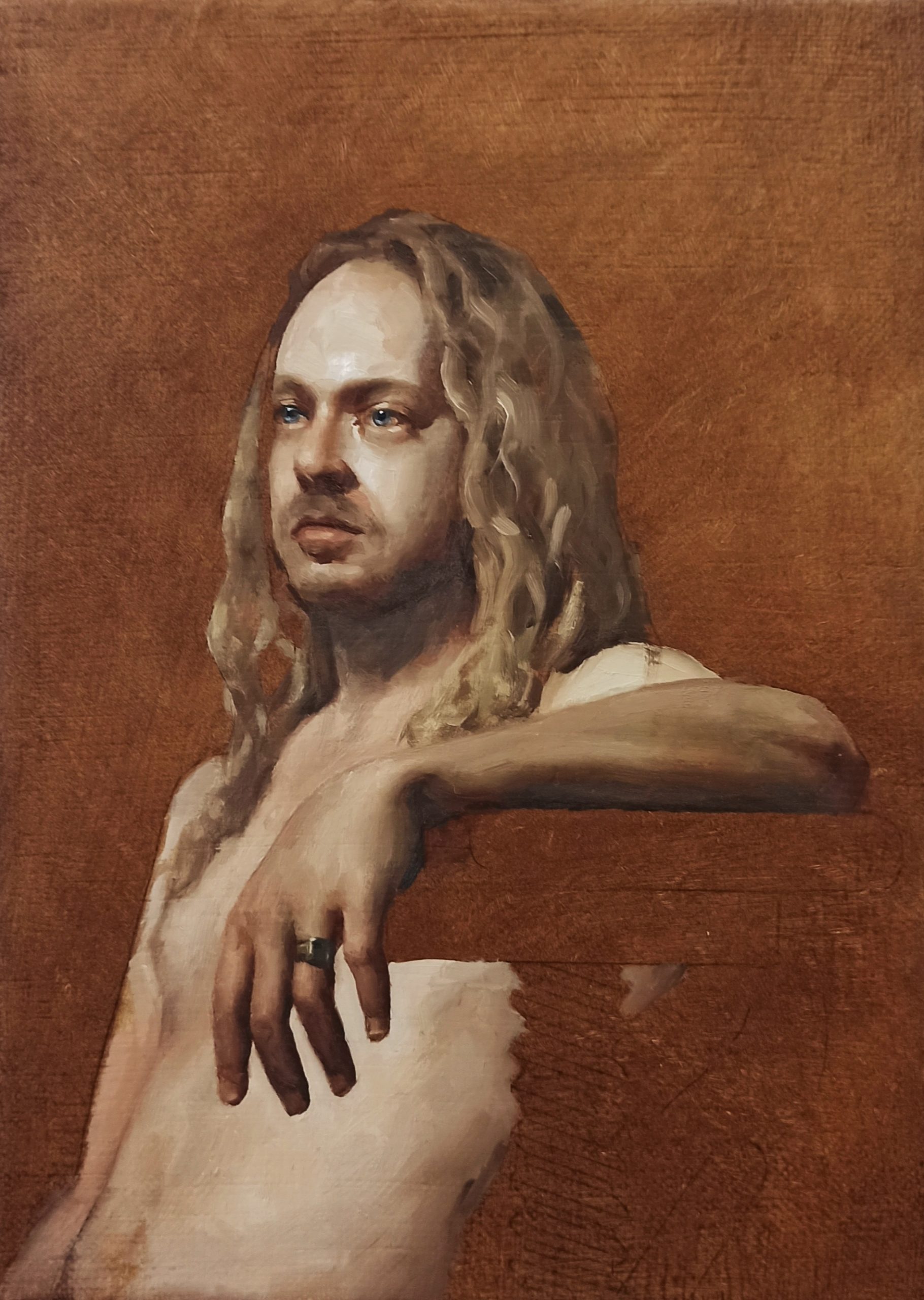 Portrait drawing of a man - Raluca Neferu, “Alejandro” 16 x 22 cm., oil on linen