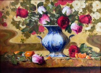 Still life painting - Robert Johnson, "Roses and Tangerines," oil on linen, 16 x 20 in.