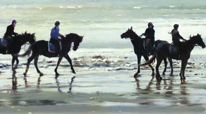 Paintings of horses - Matthew Hillier (b. 1958), "Turning Back," 2017, oil on board, 9 x 26 in., private collection